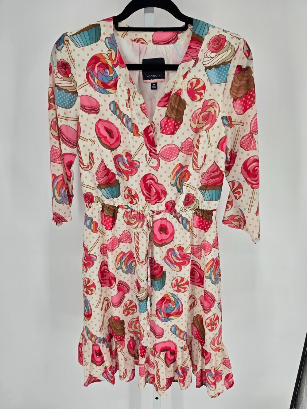 Modcloth Womens Sz M Knee Length Pinup Dress Pink Candy Print 3/4 Sleeve